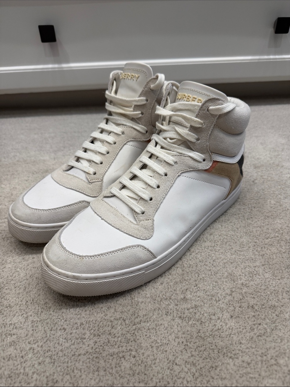 Burberry Reeth White and Beige High-Top Sneakers